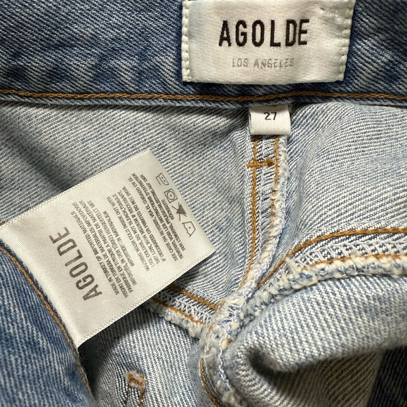 AGOLDE 90’s Criss Cross Denim Mini Skirt Button Fly Raw Hem Sz 27 - Picture 9 of 9